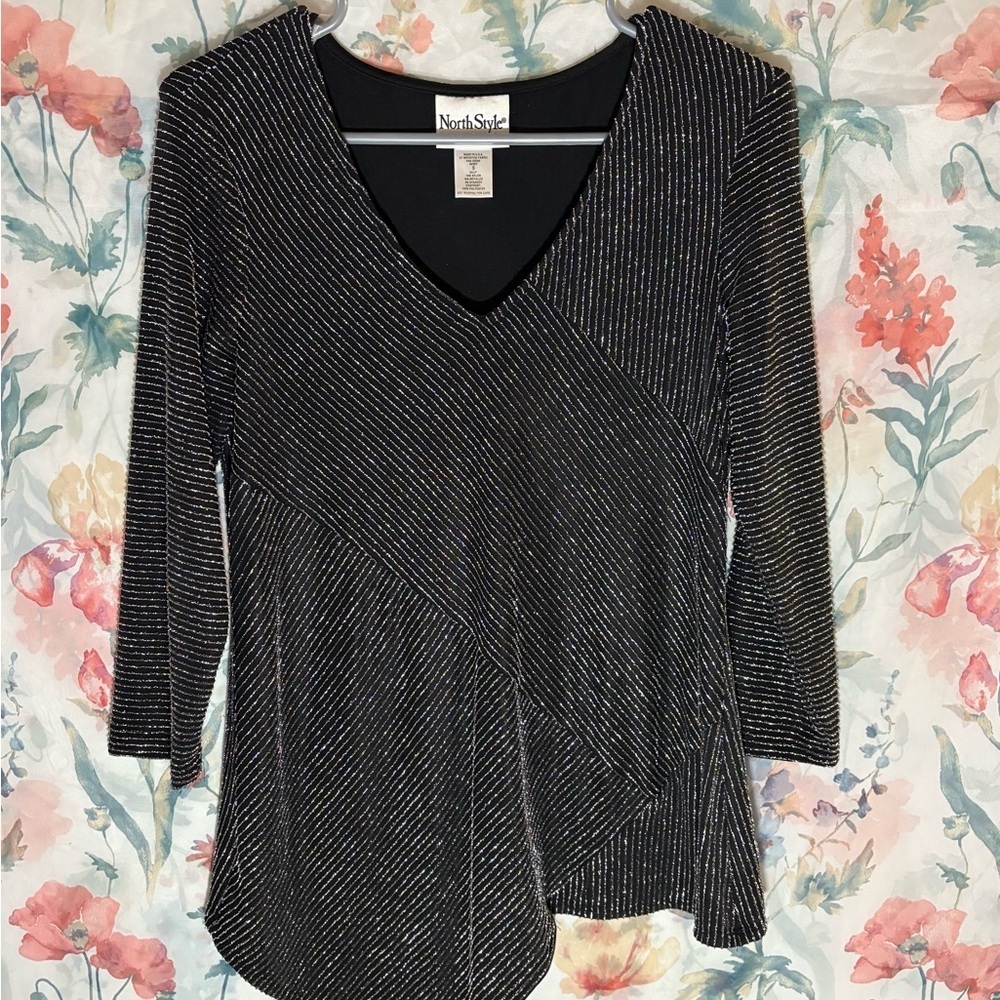 Vintage NorthStyle Women's Top in Black and Silver Stripes